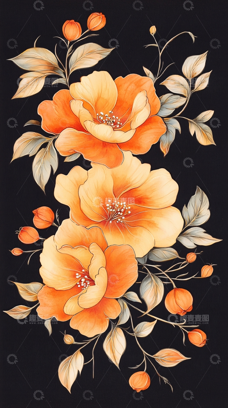 高清大图下载【趣麦麦图】橙色花卉艺术插画背景