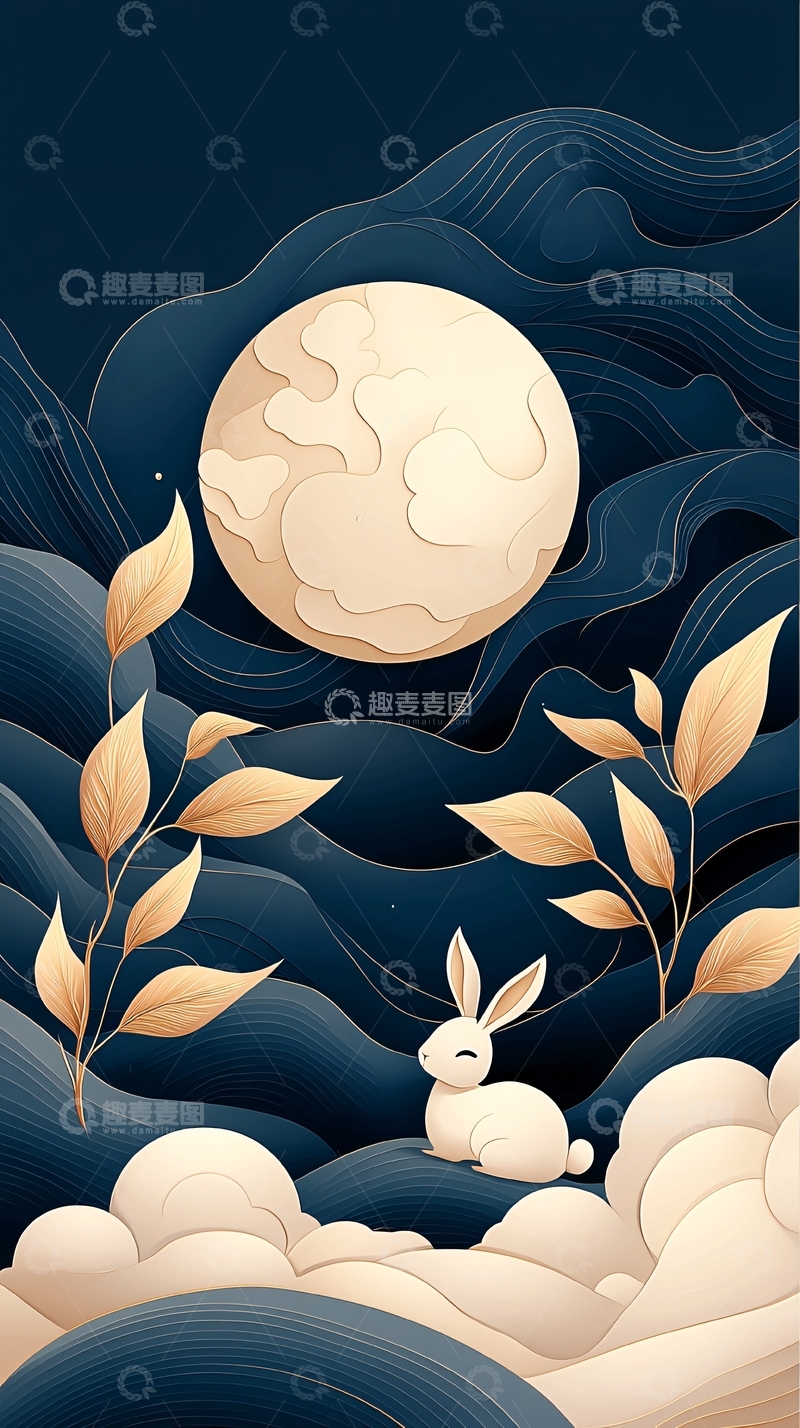 高清大图下载【趣麦麦图】月夜下的兔子与云朵