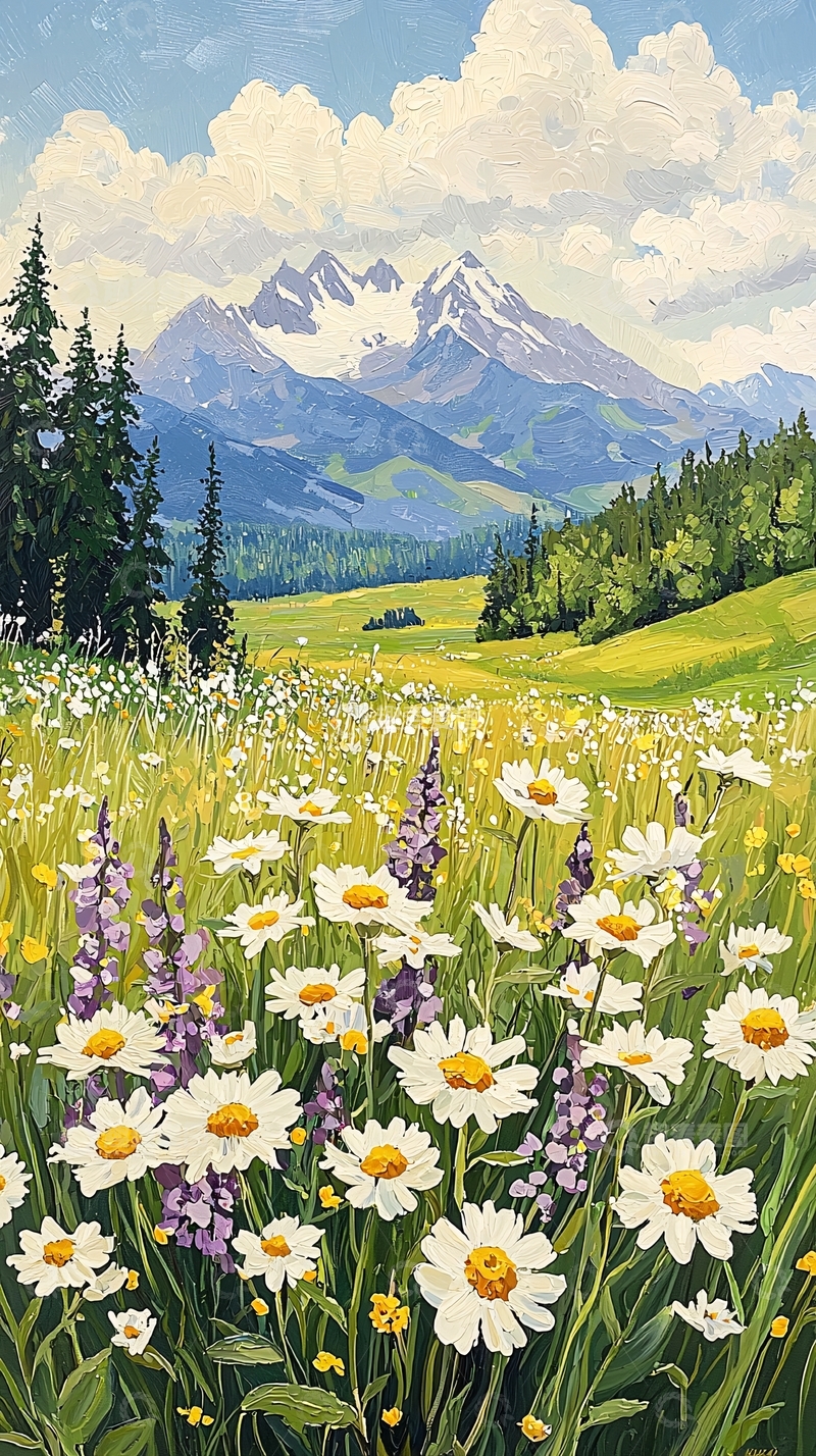 高清大图下载【趣麦麦图】雪山下的野花风景画