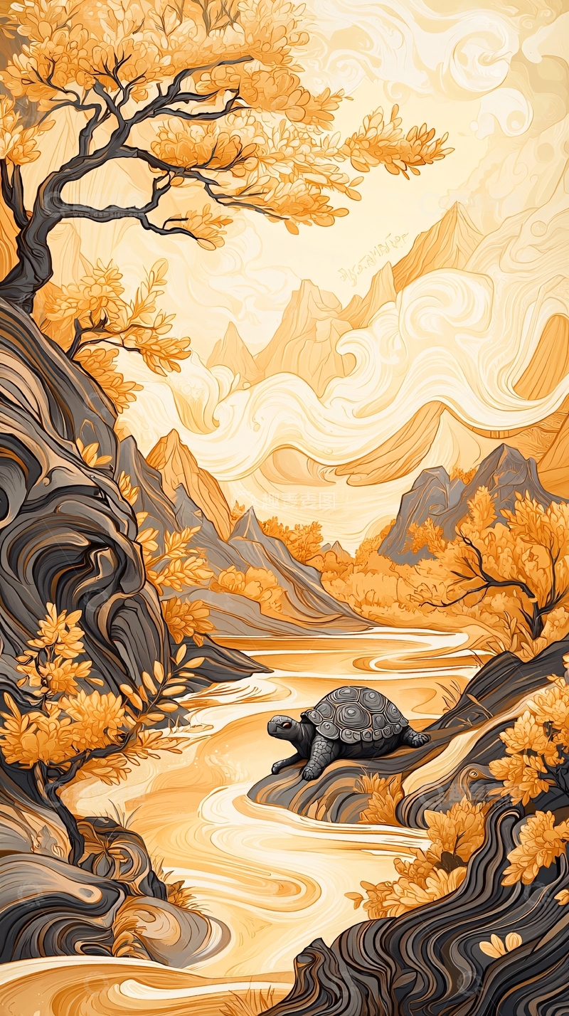 高清大图下载【趣麦麦图】-秋日山间乌龟行进图