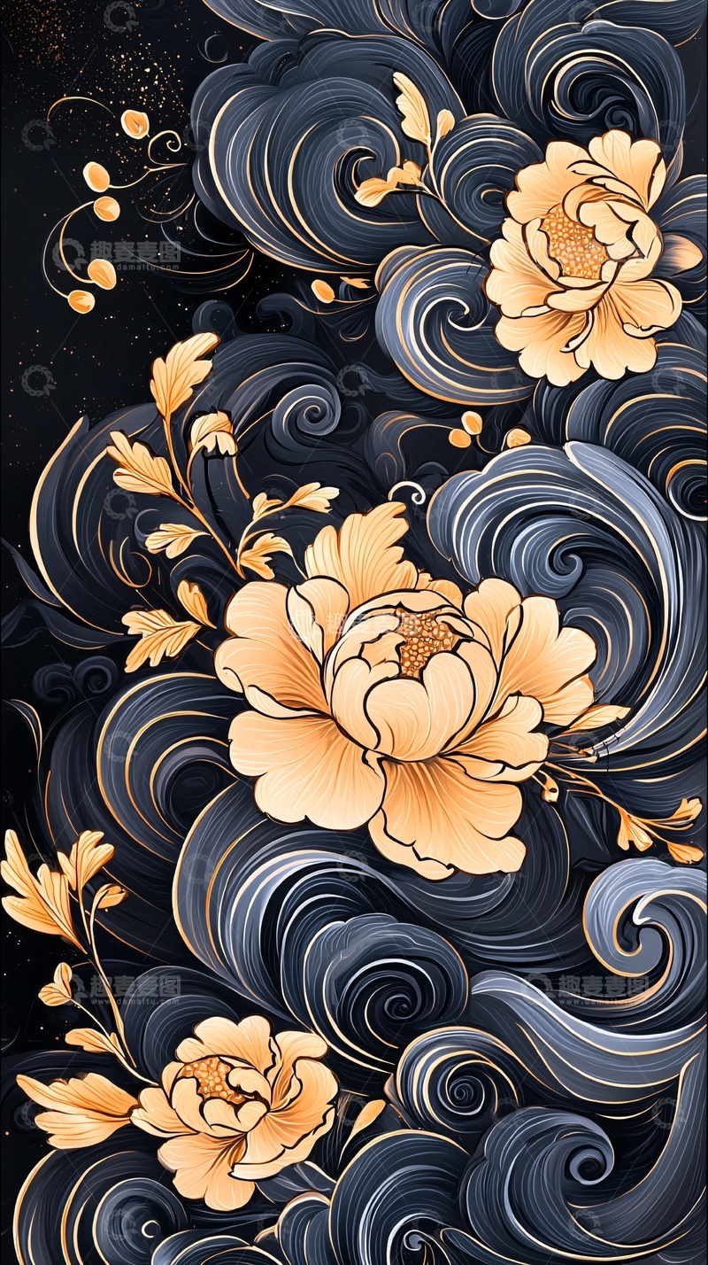 高清大图下载【趣麦麦图】金色花卉与漩涡背景插画