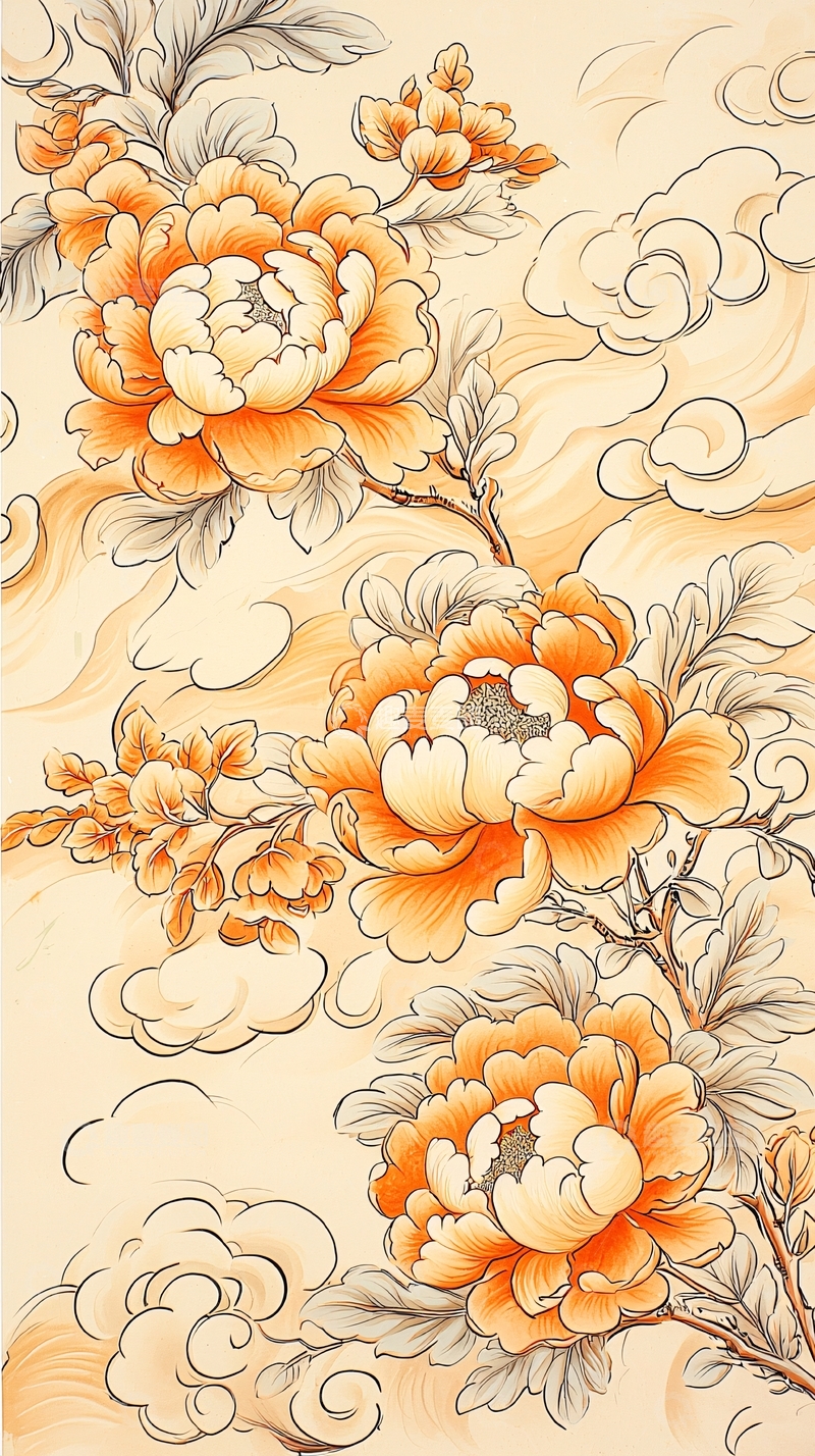 高清大图下载【趣麦麦图】橙色牡丹花与云朵背景