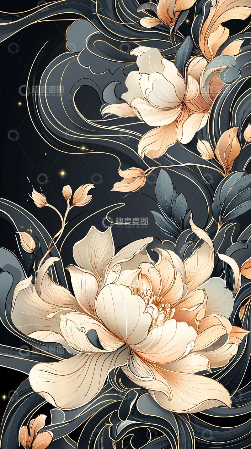 高清大图下载【趣麦麦图】金色花卉与黑色背景的艺术插画