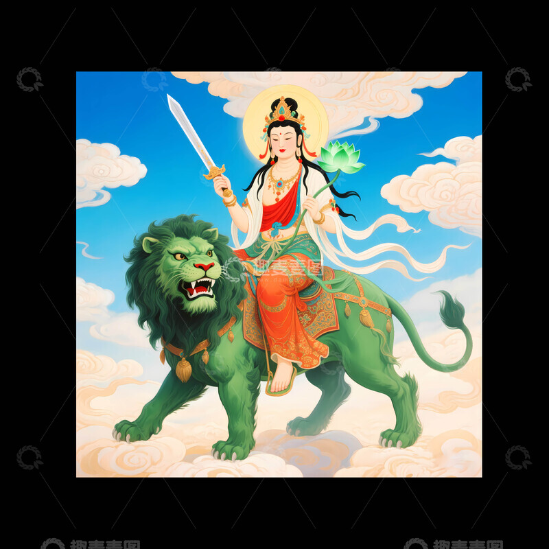 高清大图下载【趣麦麦图】文殊菩萨骑着青狮