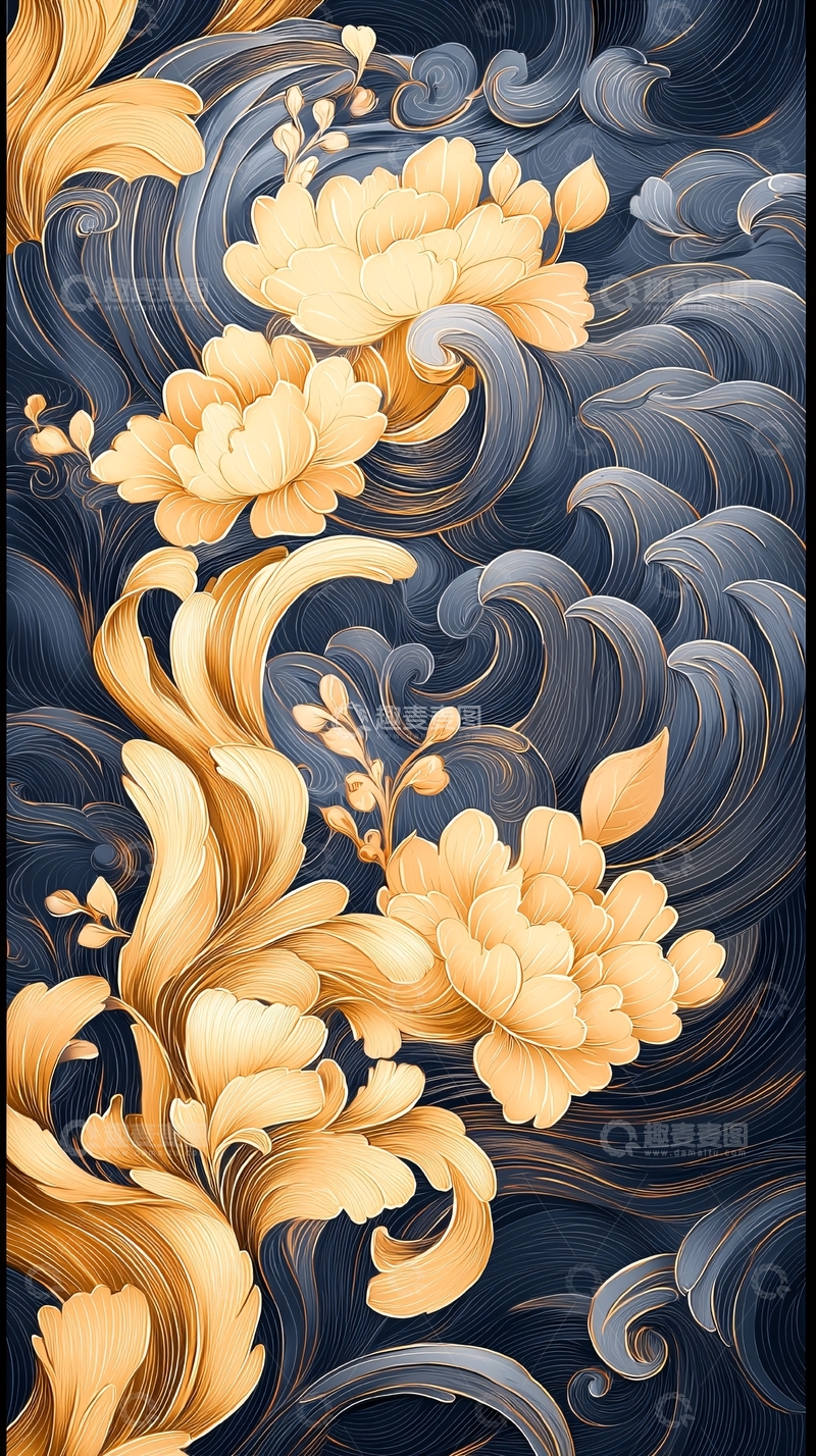 高清大图下载【趣麦麦图】金色花卉与波浪背景图案