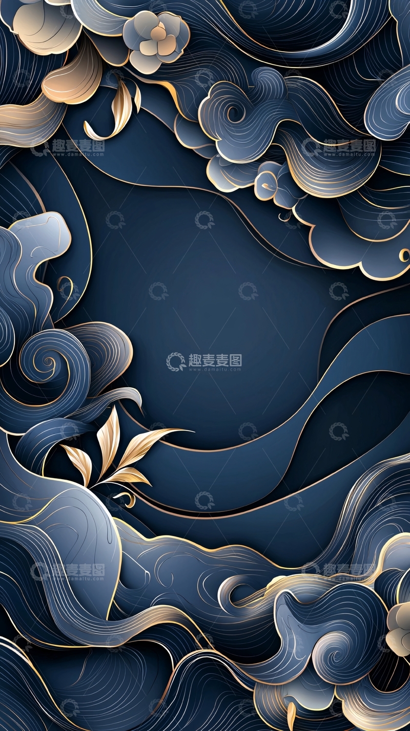 高清大图下载【趣麦麦图】深蓝金色抽象花卉背景
