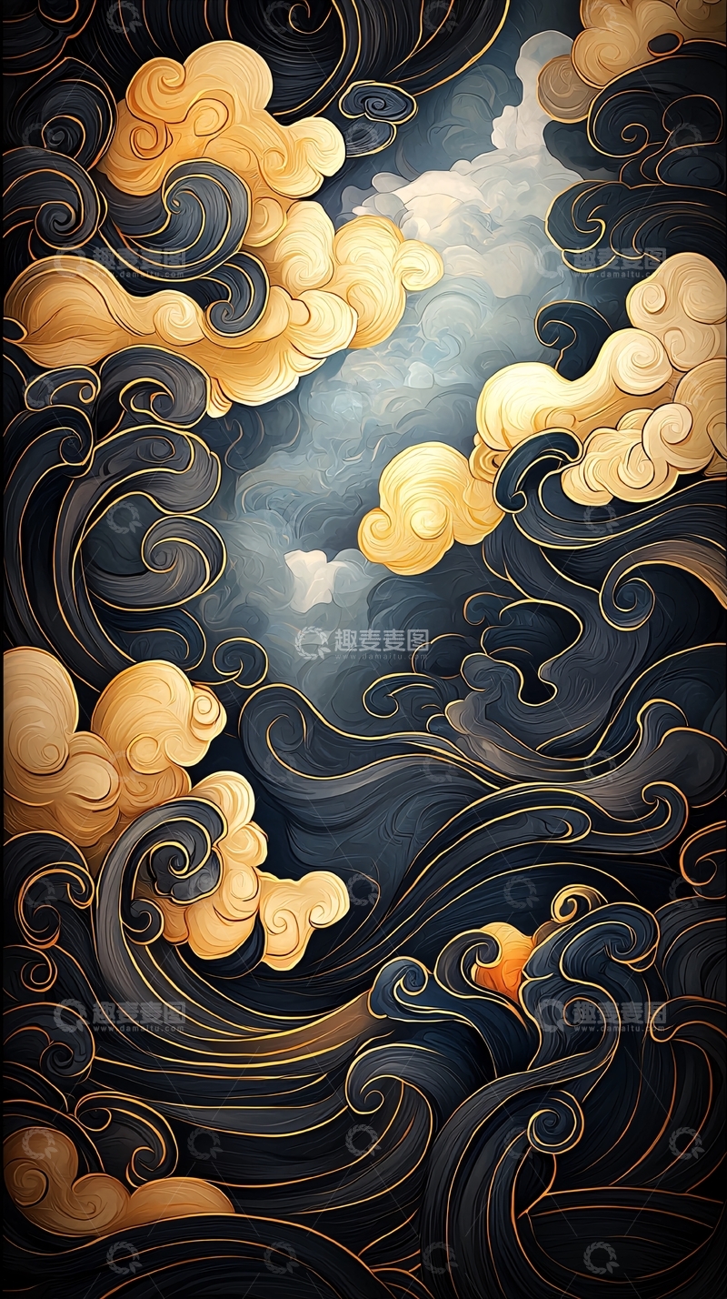 高清大图下载【趣麦麦图】金色云朵与深蓝交织