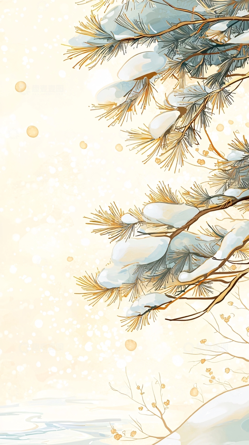 高清大图下载【趣麦麦图】冬日松枝雪景插画