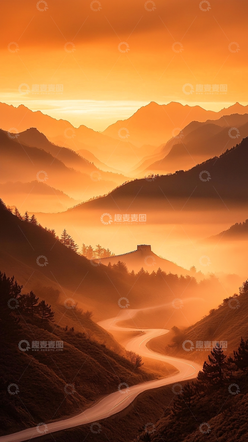 高清大图下载【趣麦麦图】夕阳下的蜿蜒山路