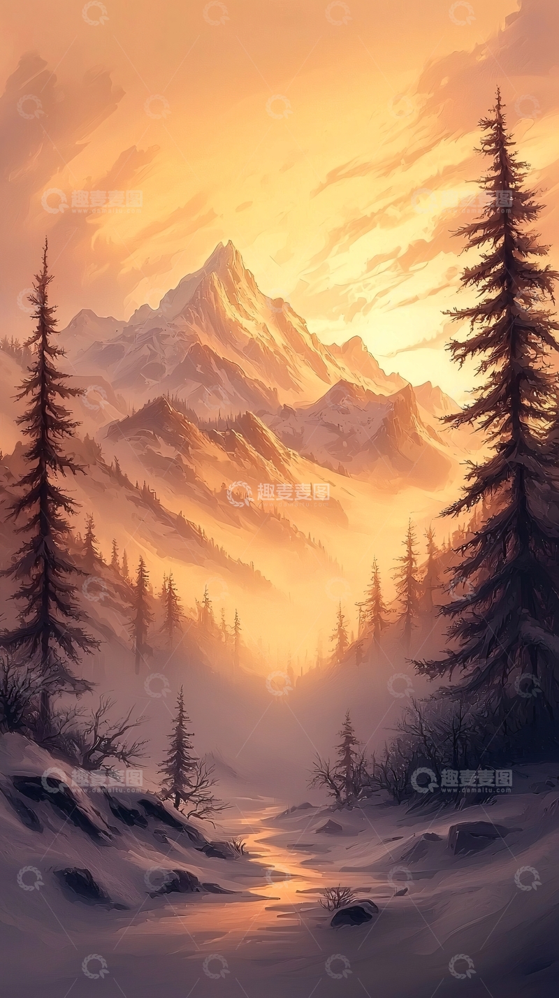 高清大图下载【趣麦麦图】冬日雪山晨曦