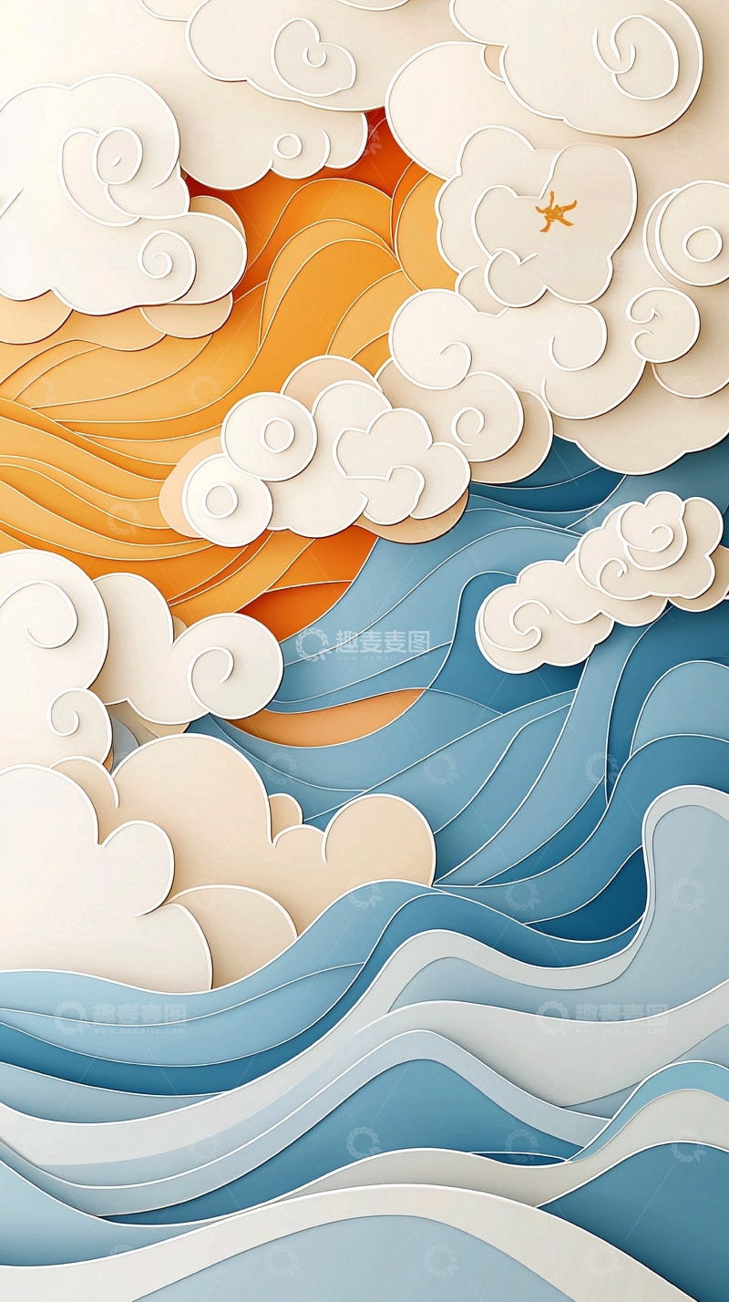 高清大图下载【趣麦麦图】云海波浪艺术剪纸风格背景