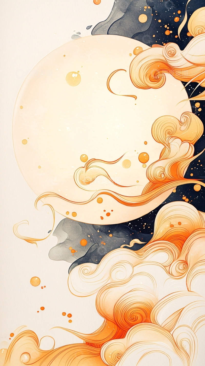 高清大图下载【趣麦麦图】橙色云朵与月亮的艺术插画