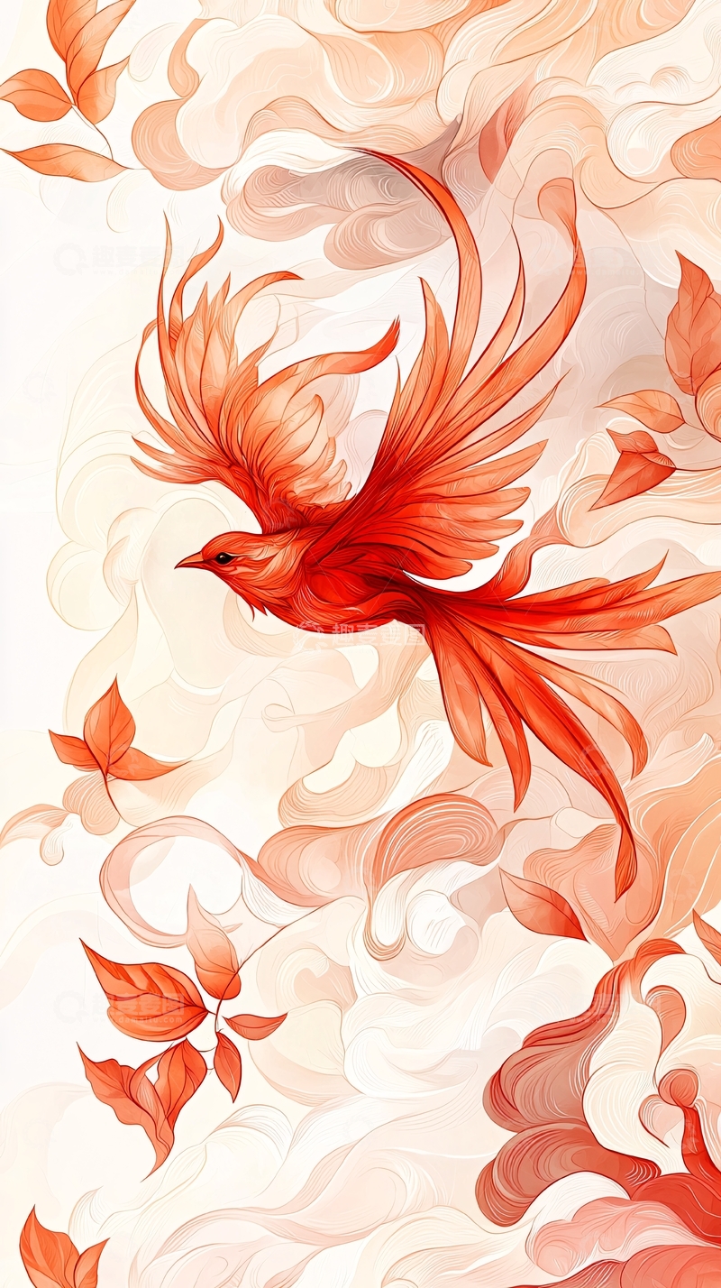 高清大图下载【趣麦麦图】红色凤凰飞翔插画背景