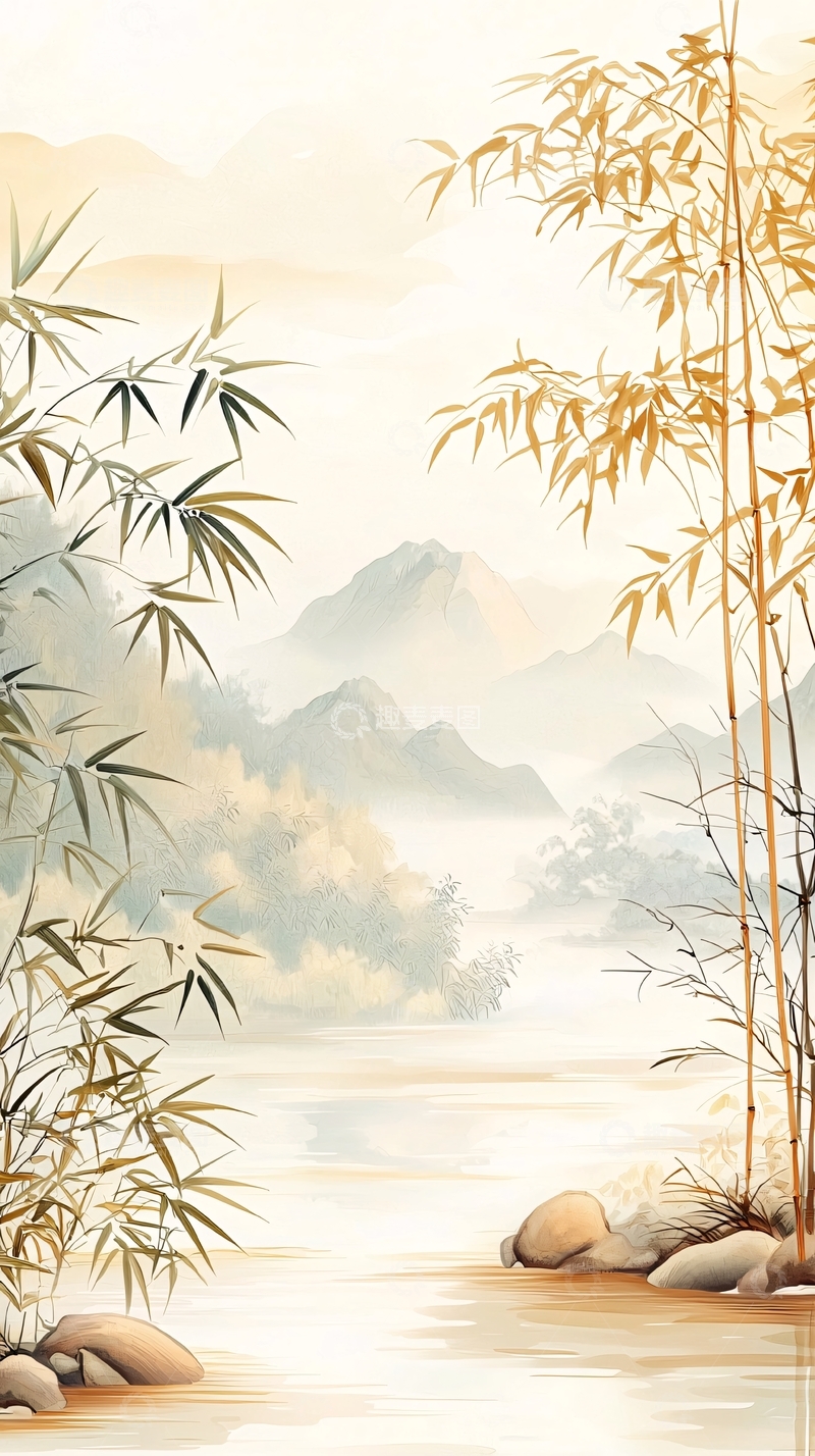 高清大图下载【趣麦麦图】竹林溪流山水画