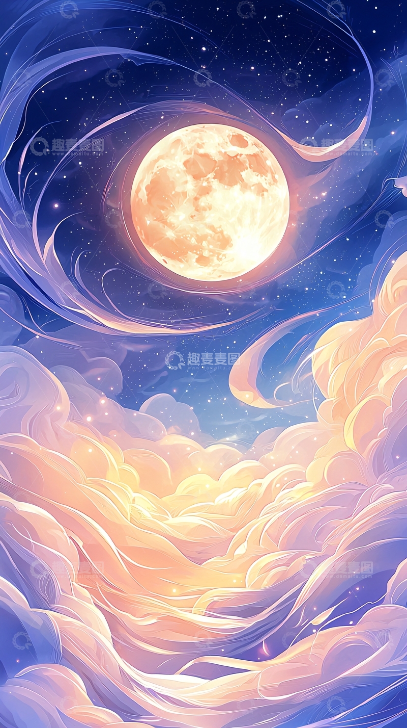 高清大图下载【趣麦麦图】梦幻夜空下的满月与云彩