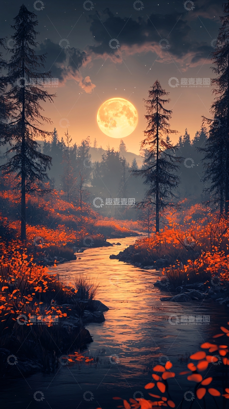 高清大图下载【趣麦麦图】秋夜溪流月光下的森林