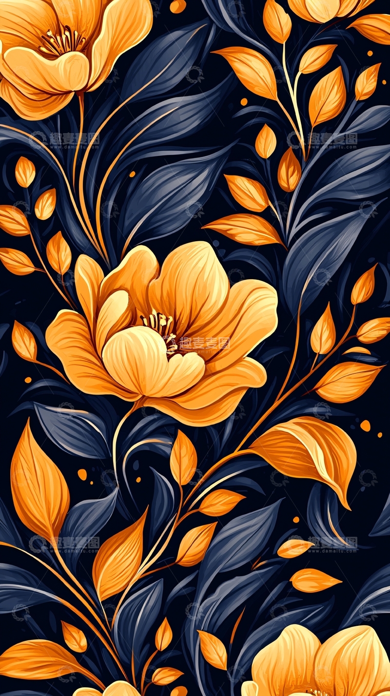 高清大图下载【趣麦麦图】橙色花卉深色背景图案