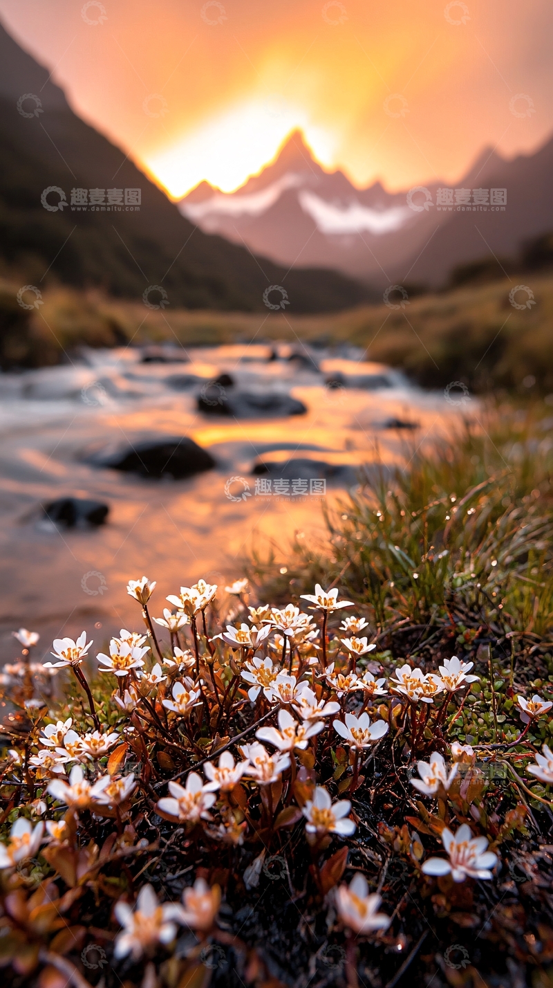 高清大图下载【趣麦麦图】日落山谷溪流野花