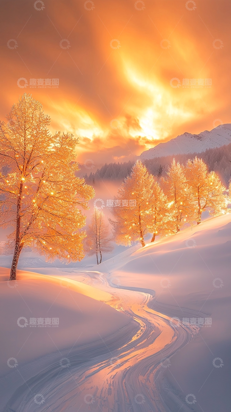 高清大图下载【趣麦麦图】冬日雪景中的金色光芒