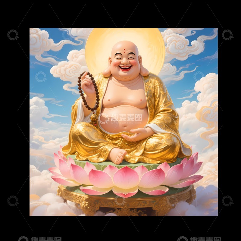 弥勒佛手拿佛珠坐在莲花宝座