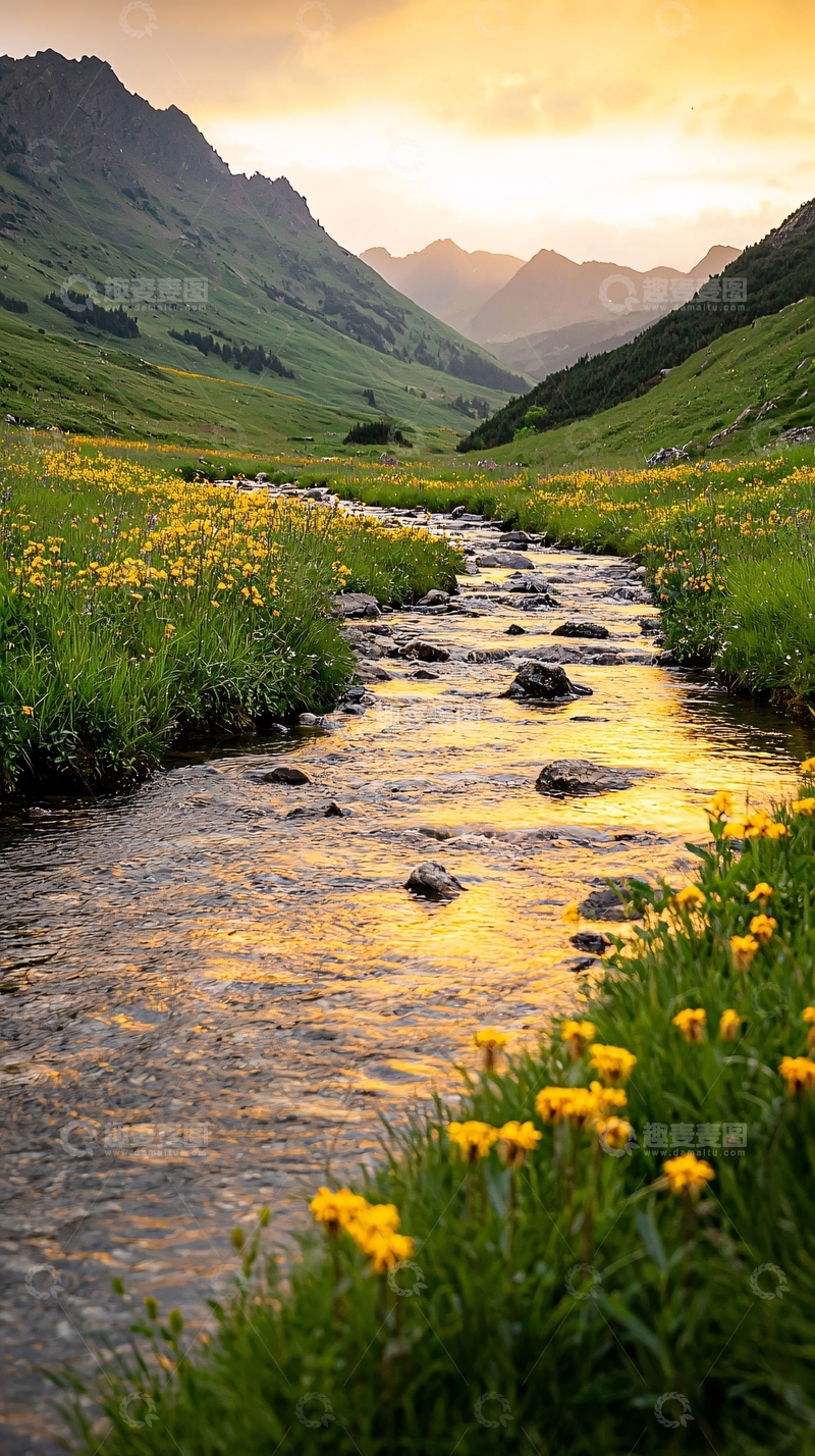 高清大图下载【趣麦麦图】山间小溪夕阳下的美景