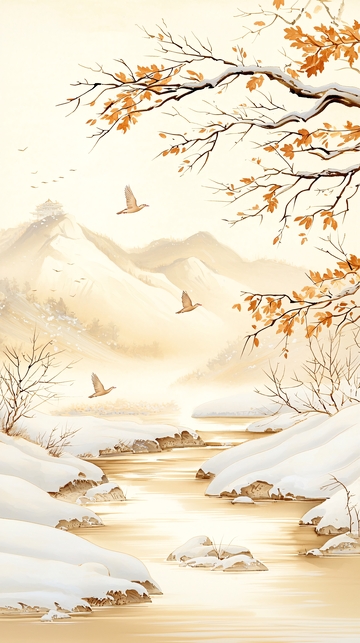 冬日雪景中的飞鸟与山水