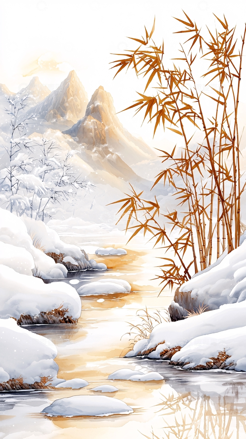 高清大图下载【趣麦麦图】冬日雪景竹林小溪