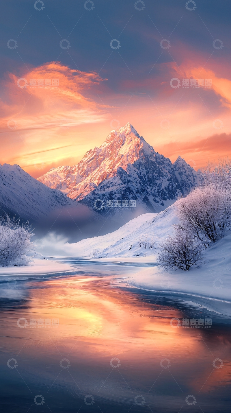 高清大图下载【趣麦麦图】雪山倒影日落美景