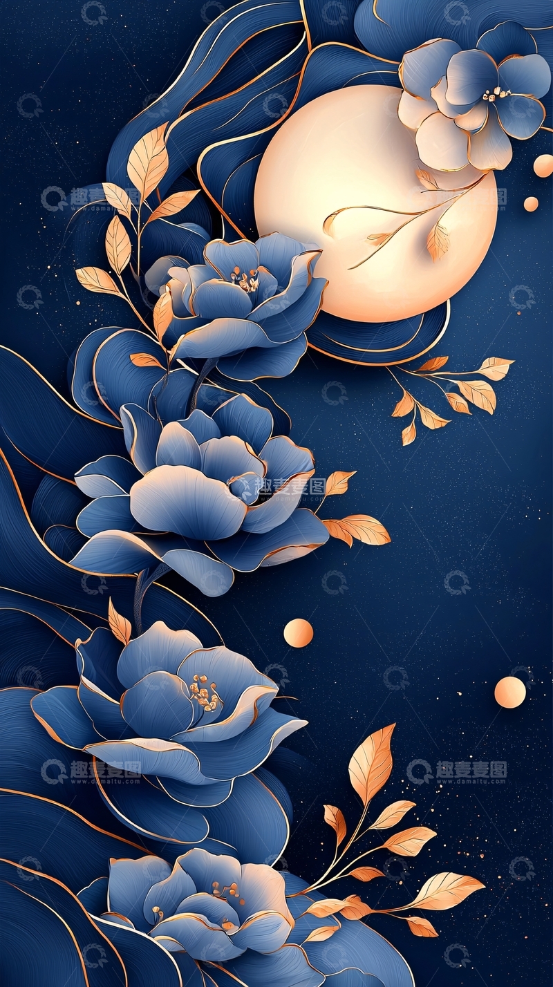 高清大图下载【趣麦麦图】蓝色花卉与月亮的梦幻夜景