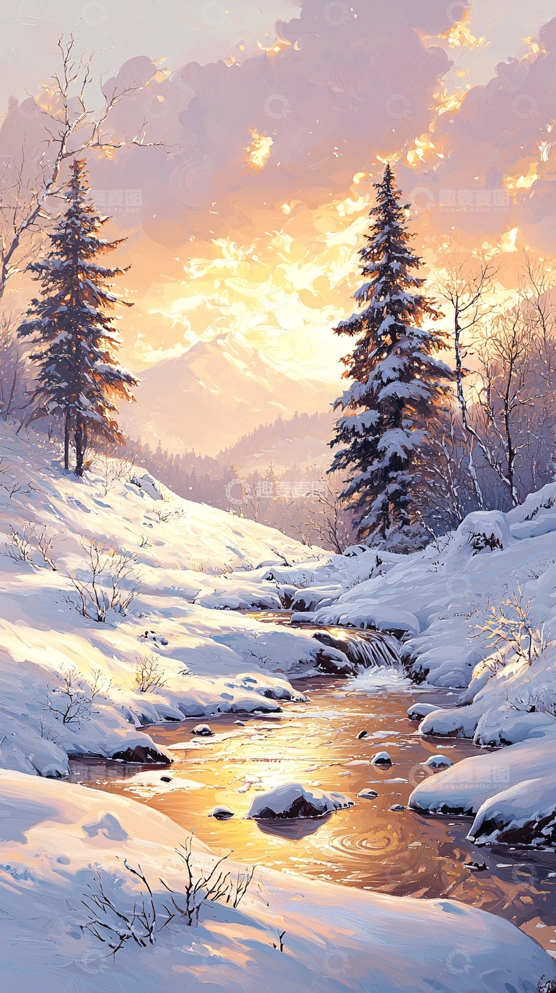 高清大图下载【趣麦麦图】冬日雪景小溪流