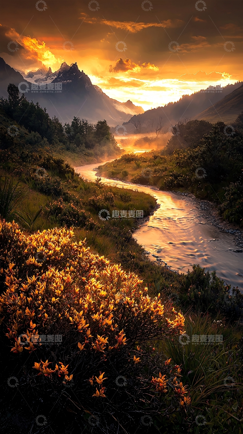 高清大图下载【趣麦麦图】晨光中的山谷小溪