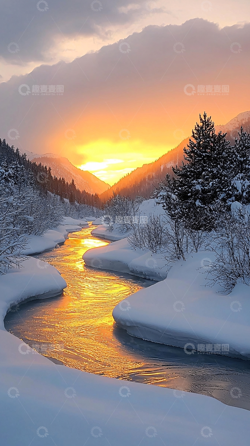 高清大图下载【趣麦麦图】冬日雪山河流夕阳美景