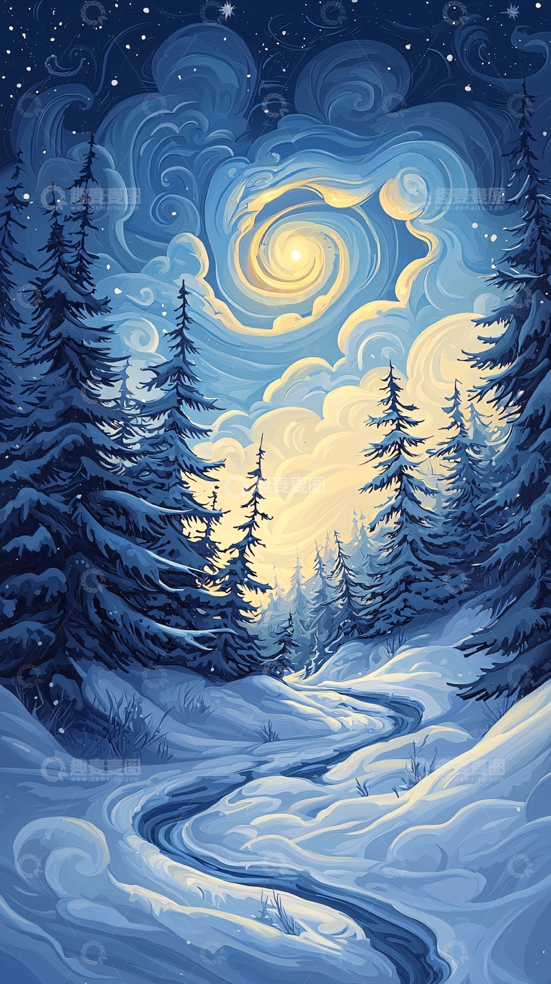 高清大图下载【趣麦麦图】冬夜森林雪景