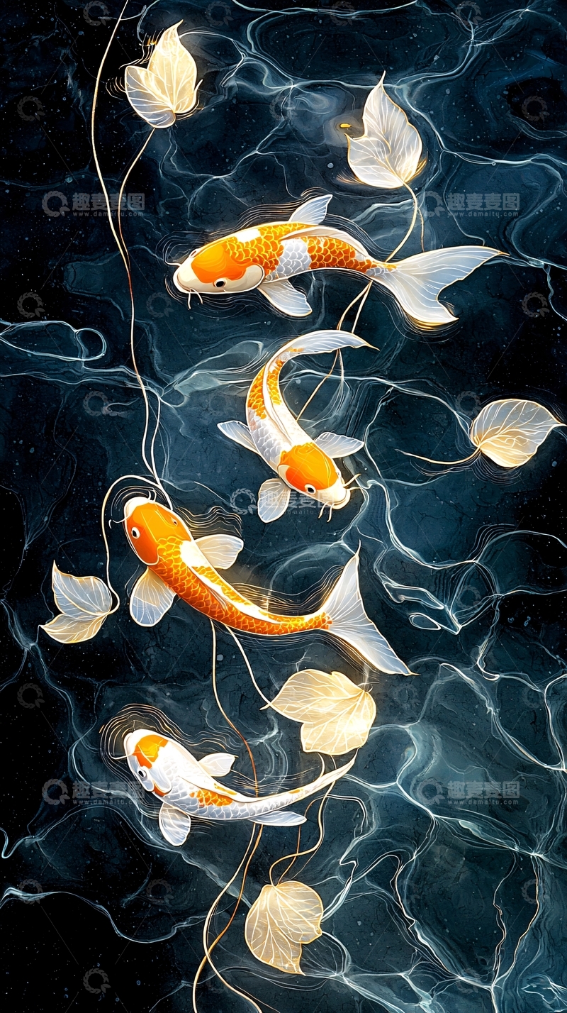 高清大图下载【趣麦麦图】金鱼与叶子的艺术插画