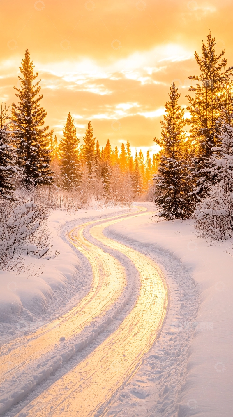 高清大图下载【趣麦麦图】冬日雪路夕阳美景