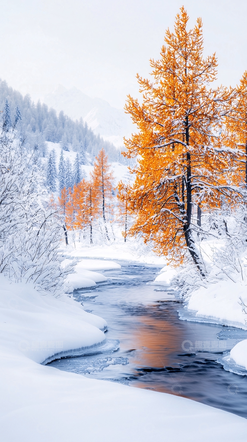 高清大图下载【趣麦麦图】冬日雪景中的橙色树木