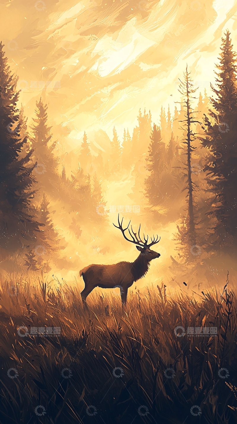 高清大图下载【趣麦麦图】晨曦中的鹿与森林