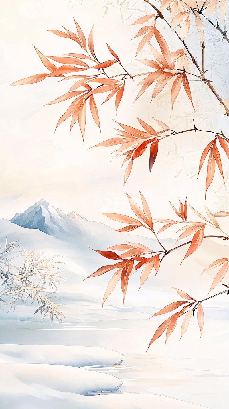 高清大图下载【趣麦麦图】秋日雪景竹叶图