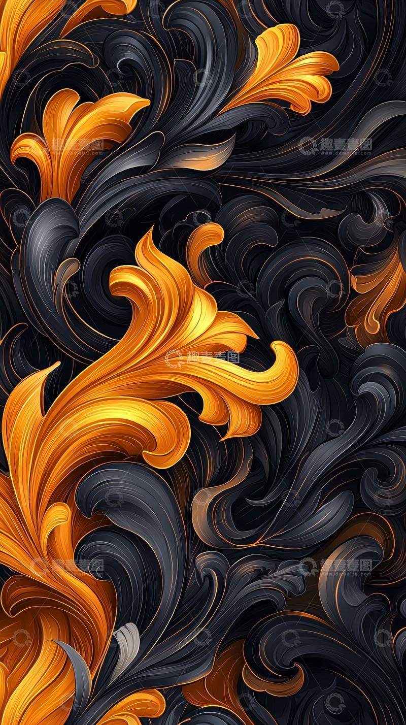 高清大图下载【趣麦麦图】金色波浪与黑色背景的艺术图案