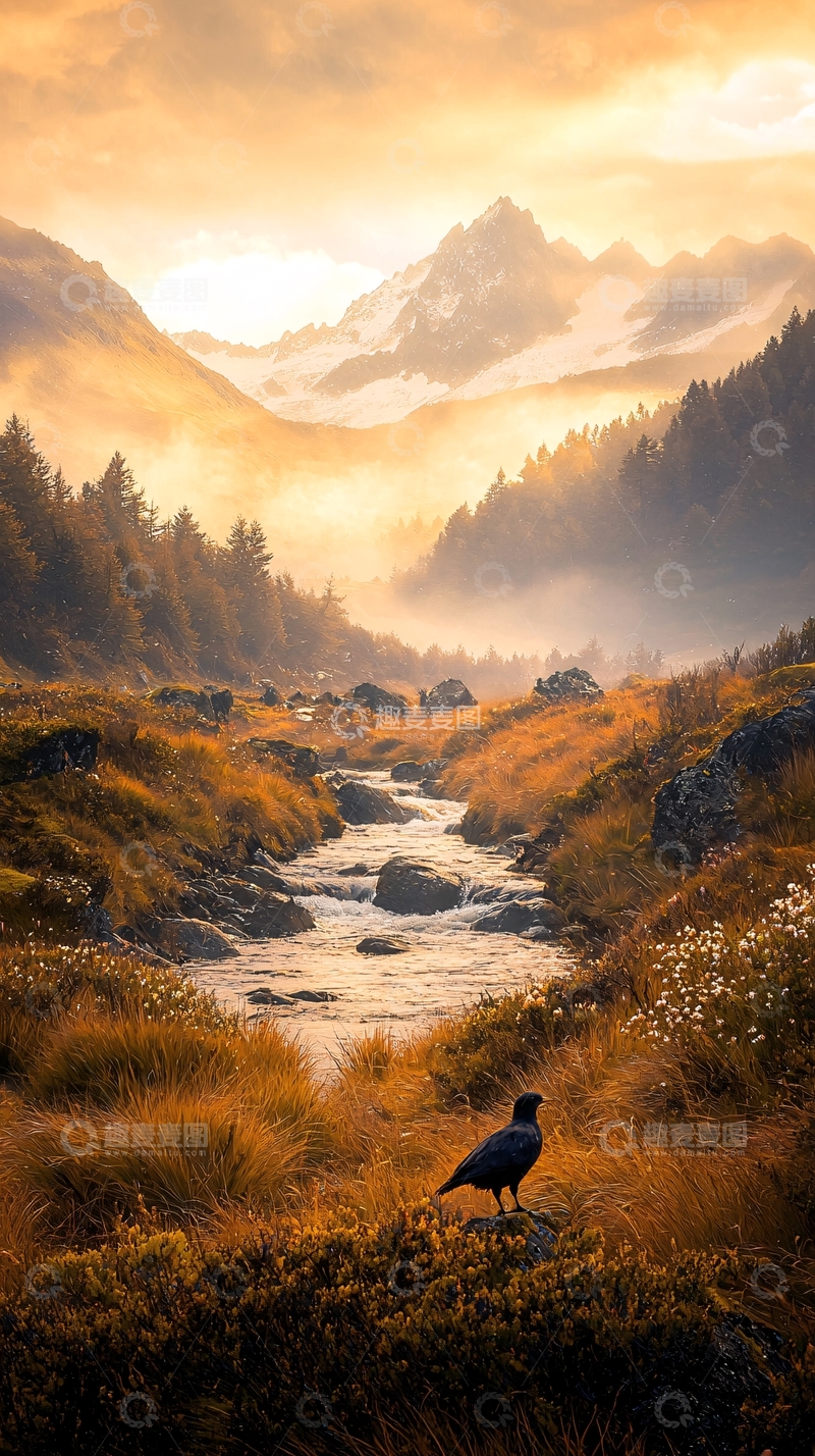高清大图下载【趣麦麦图】晨雾山谷中的溪流与乌鸦