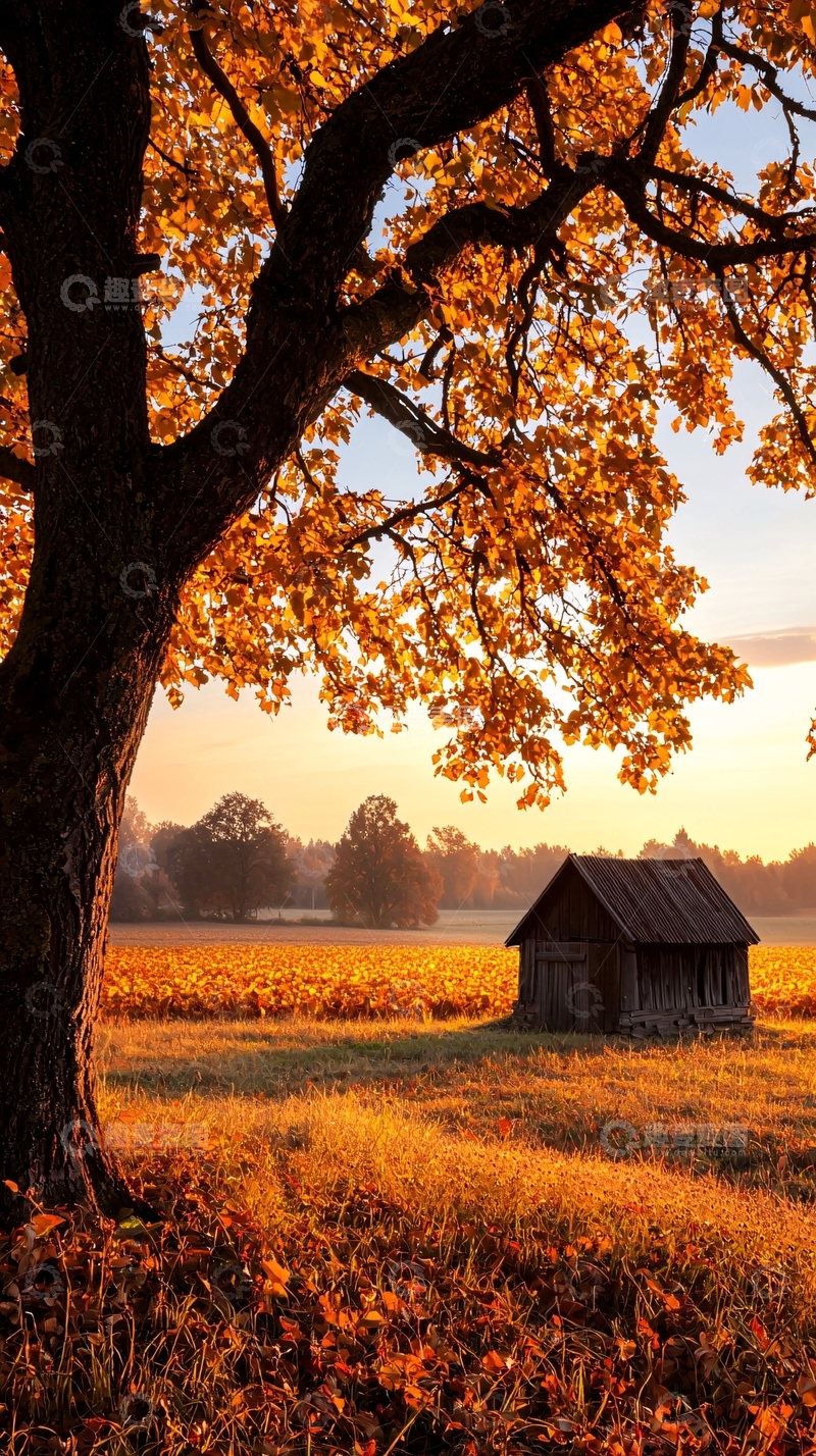 高清大图下载【趣麦麦图】秋日黄昏下的小屋与大树