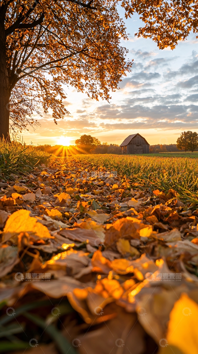 高清大图下载【趣麦麦图】秋日黄昏下的小屋与落叶