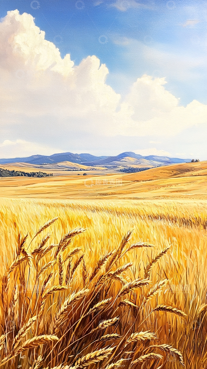 高清大图下载【趣麦麦图】金黄色麦田与蓝天白云