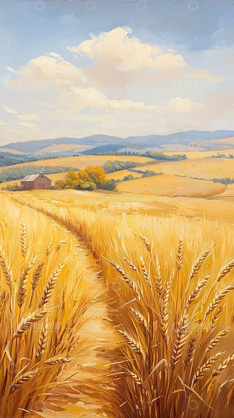 高清大图下载【趣麦麦图】金黄麦田与红屋
