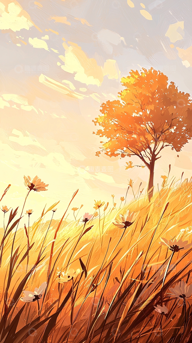 高清大图下载【趣麦麦图】秋日田野风景插画