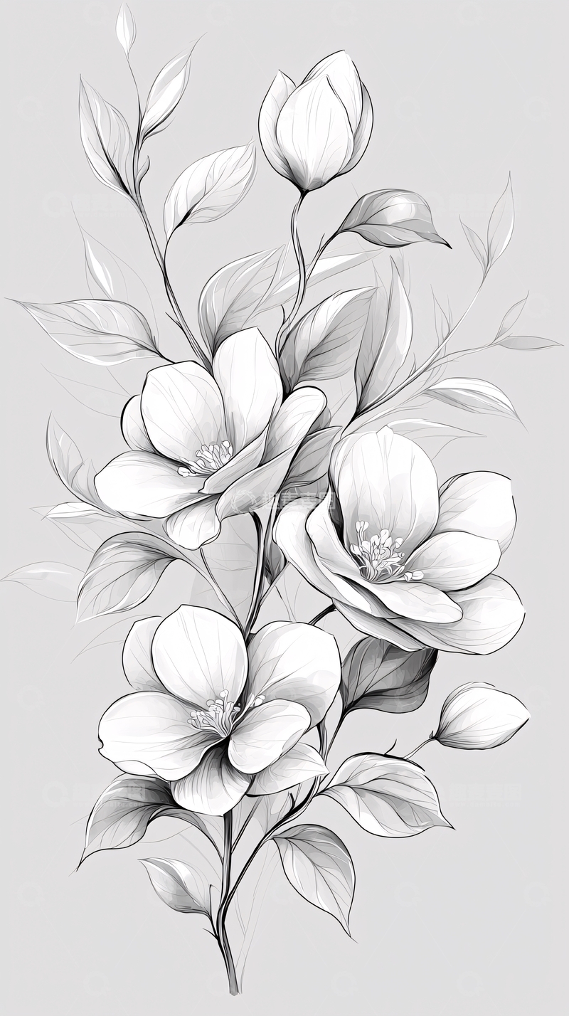 高清大图下载【趣麦麦图】黑白花卉手绘插画素材