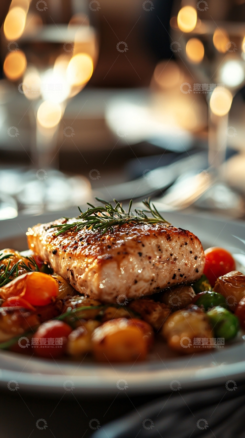 高清大图下载【趣麦麦图】烤鱼配蔬菜的餐桌美食