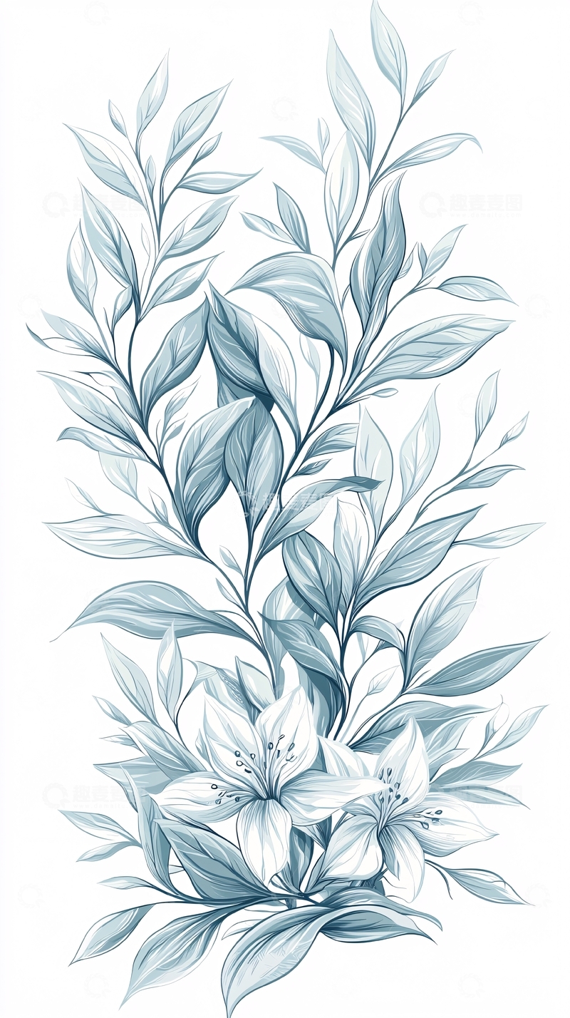 高清大图下载【趣麦麦图】蓝色花卉手绘插画素材