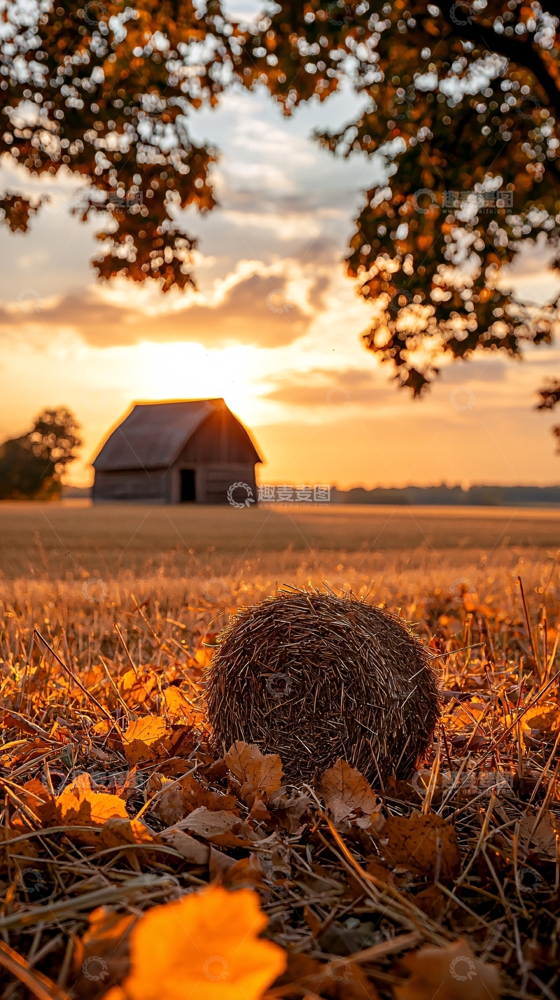 高清大图下载【趣麦麦图】秋日黄昏田野上的干草堆