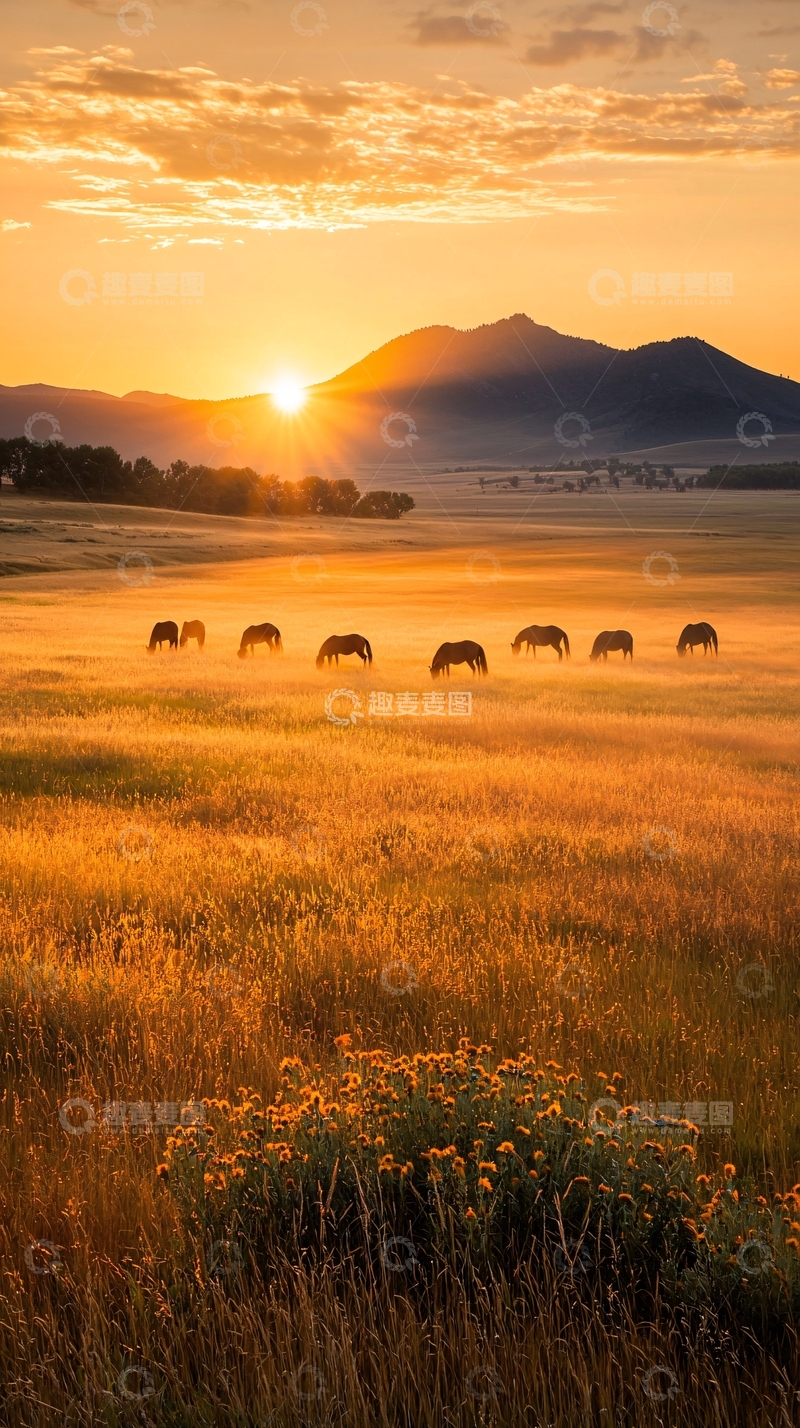 高清大图下载【趣麦麦图】日落草原上的马群